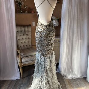 Vintage Y2K beaded rhinestone feather formal gown in an elegant Old Hollywood 2
